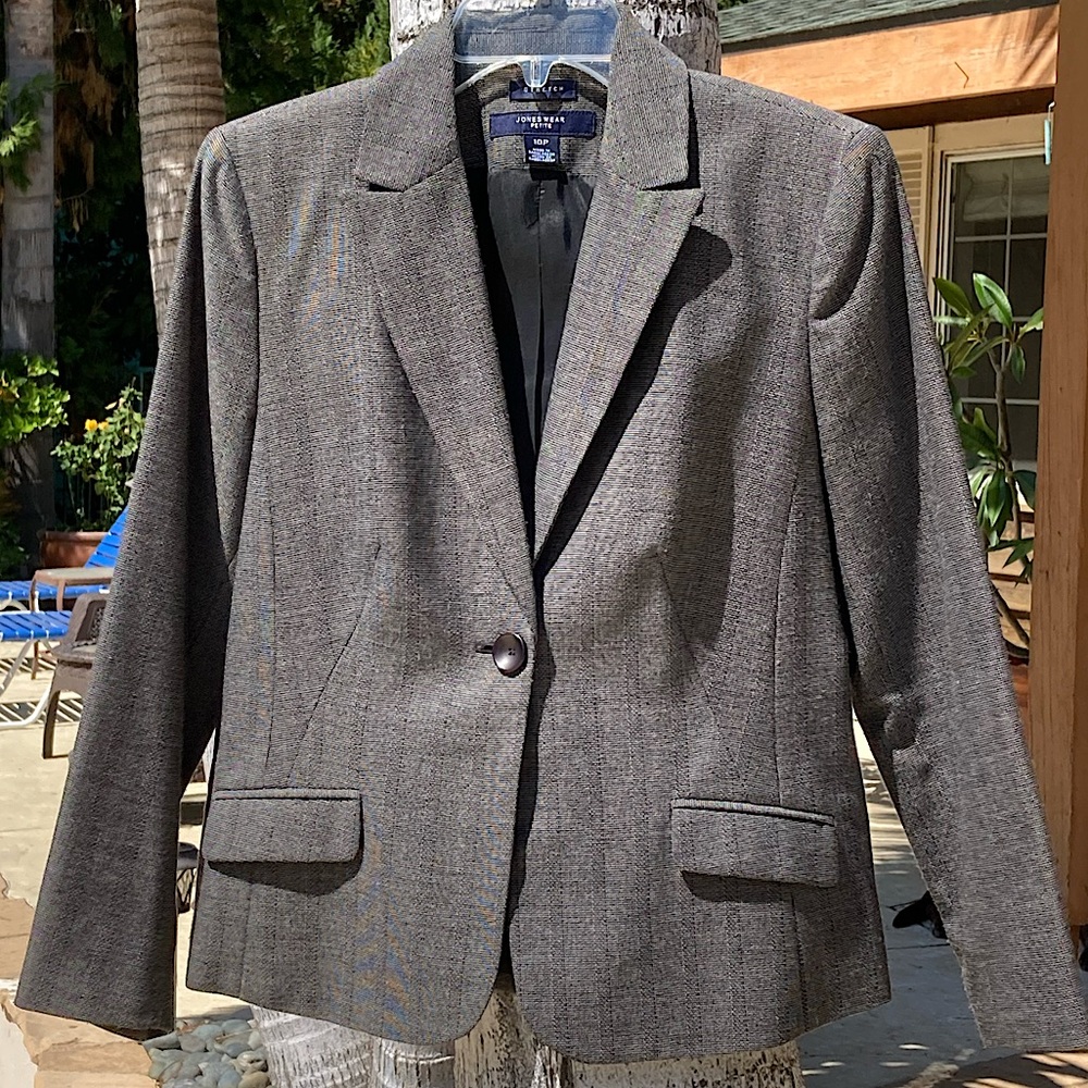 Jones Wear Tweed Blazer Gray Stretch Blend 10 Petite Vintage Classic.